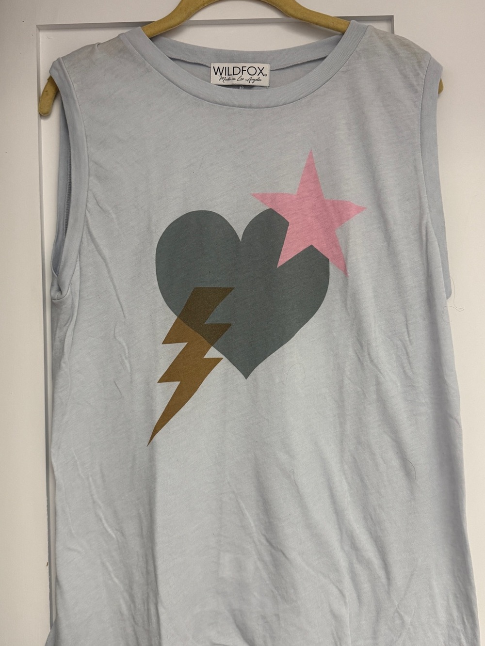 Wildfox Light Blue Graphic Tank with Pink Star, Gray Heart & Brown Lightning
